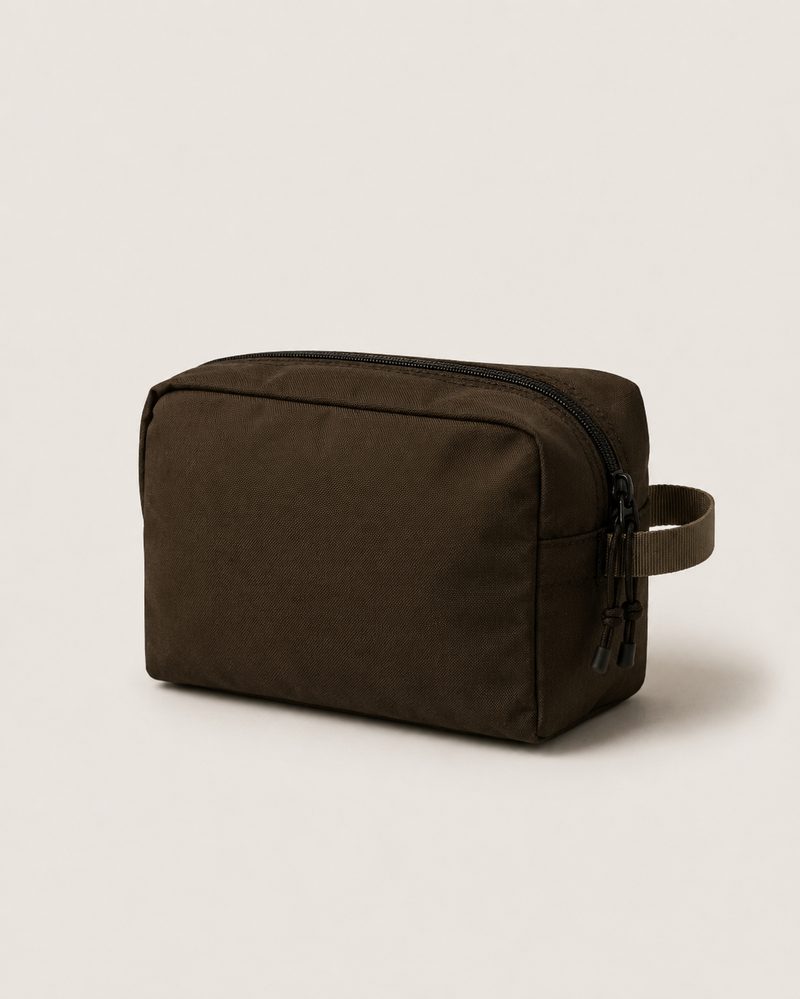 Solo Rig Pouch, dark umber-brown fabric with taupe webbing loop